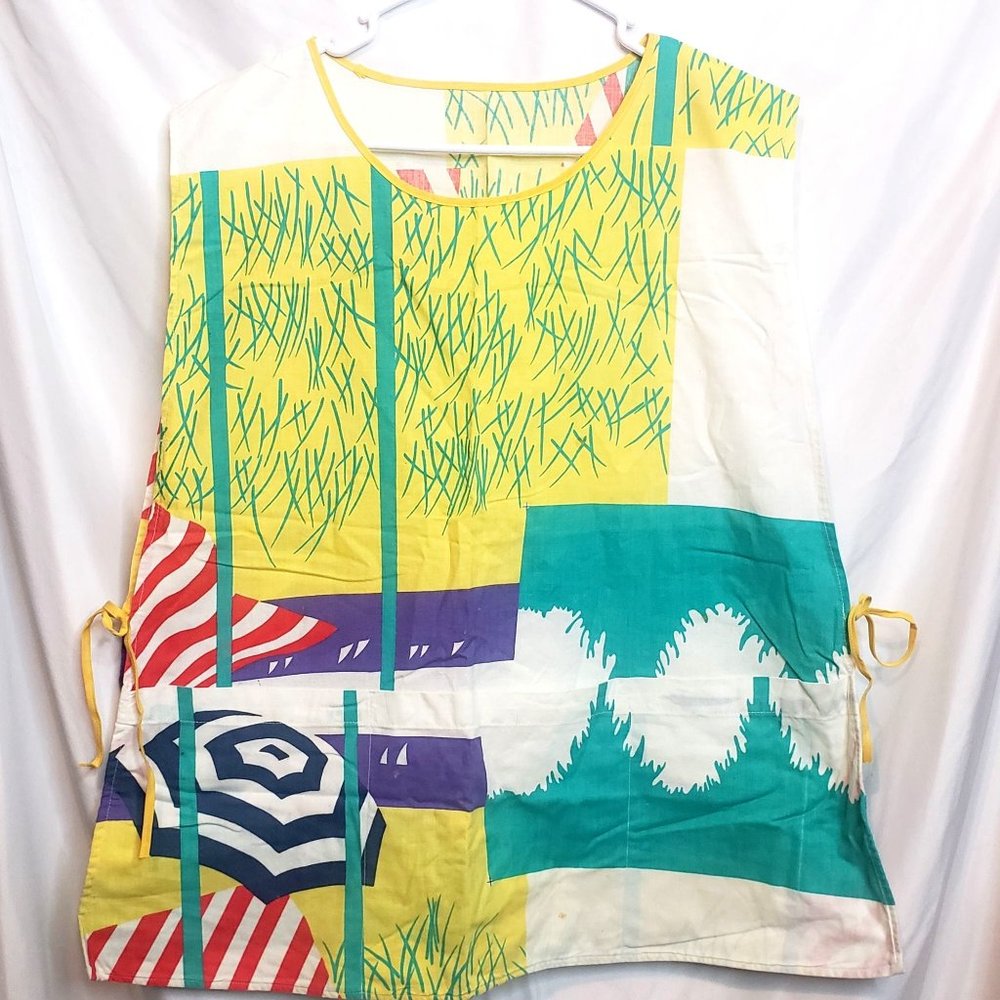 Vintage Artist Smock Apron Tie Sides Pockets Bright Colors OSFM